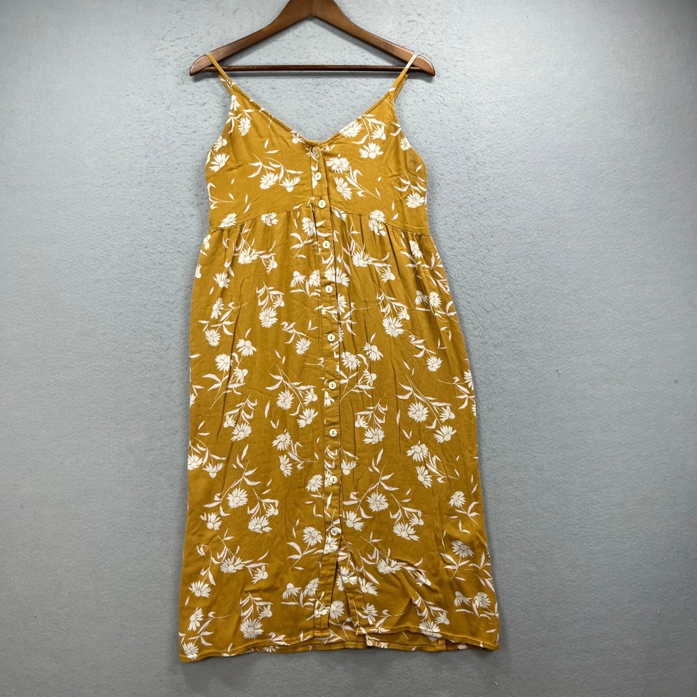 Billabong Midi Dress Womens Large Mustard Yellow Floral Button Front Boho Summer